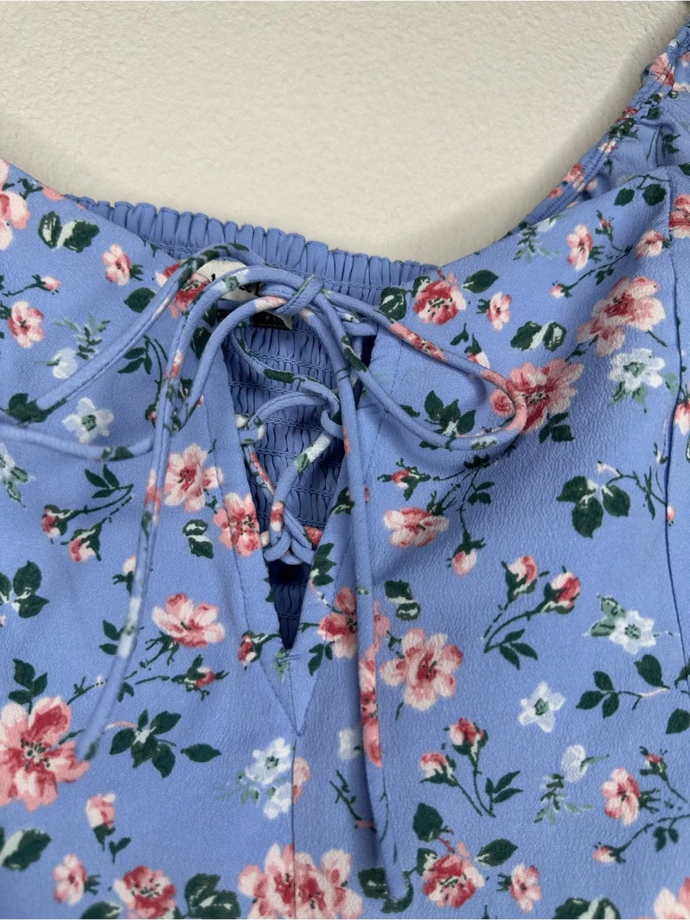 Abercrombie & Fitch Blue Floral Crop Top S Tie Front Puff Sleeve Smocked Back